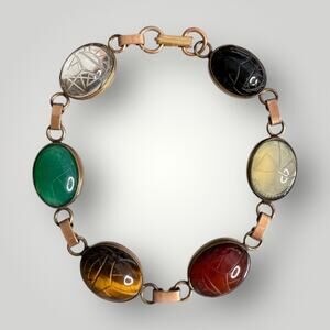 Vintage 1/20 12K Gold Filled Multi-Gemstone Carved Link Bracelet sz 7,5